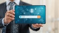 Voice Search Technology: Businessman Holding 3D Rendered Vocal Search System with Button and Icon