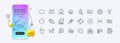 Voice wave, Chat message and Puzzle line icons for web app. Pictogram icon. Phone mockup gradient screen. Vector