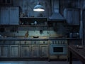 Void kitchen cabinets, starkly open, nocturnal light, close frontal view, eerie atmosphere