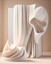 voile curtain with a delicate border of graceful twill. Podium, empty showcase for packaging product presentation, AI