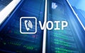 VOIP, Voice over Internet Protocol, technology that allows for speech communication via the Internet. Server room background