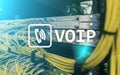 VOIP, Voice over Internet Protocol, technology that allows for speech communication via the Internet. Server room background