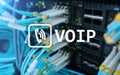 VOIP, Voice over Internet Protocol, technology that allows for speech communication via the Internet. Server room background
