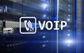 VOIP, Voice over Internet Protocol, technology that allows for speech communication via the Internet. Server room background Royalty Free Stock Photo
