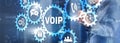 VoIP Voice over IP. Businessman pressing virtual screen Voice over Internet Protocol