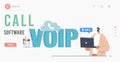 VOIP, Voice over IP Technology Landing Page Template. Characters Use Wireless Phone Connection. Telephone Communication