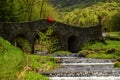 Voivodeship, Ukraine May 4, 2021: Bridge of the Four Evangelists in Shenborna Park, a woman in a red dress near the