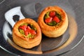 Vol-au-vent with mushroom and chicken, in a glass plate