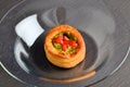 Vol-au-vent with mushroom and chicken, in a glass plate