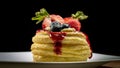 Vol-au-vent puff pastry decorated with fresh strawberries, blueberries and dripping berry coulis on white plate. Close-up