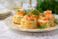 Vol au vent with shrimp and sauce. Puff pastry stuffed with cream cheese and prawns. Generative AI