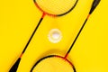 Volant and racket, badminton on yellow background. Concept excitement, resistance, competition. Pop Art Minimalism Royalty Free Stock Photo