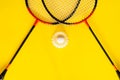 Volant and racket, badminton on yellow background. Concept excitement, resistance, competition. Pop Art Royalty Free Stock Photo