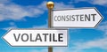 Volatile and consistent as different choices in life - pictured as words Volatile, consistent on road signs pointing at opposite