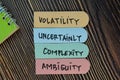 Volatility Uncertainly Complexity Ambiguity - VUCA text on sticky notes isolated on office desk Royalty Free Stock Photo