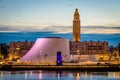 The Volcan theater and St. Joseph\'s Church at nightfall in Le Havre, France