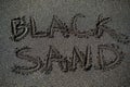 Volcanic beach black sand text title