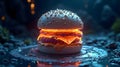 The Volcanic Burger: Glowing Cheeseburger on a Wet Surface Royalty Free Stock Photo