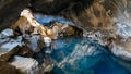 Volcanic cave Grjotagja with a incredibly blue and hot thermal water near lake Myvatn, Iceland