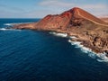 Volcanic crater with Atlantic ocean near La Santa, Lanzarote. Aerial view