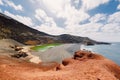 Volcanic crater with green lake and ocean in El Golfo, Lanzarote island, Spain Royalty Free Stock Photo