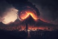 Volcanic eruption against the backdrop of a sleeping city illustration Generative AI