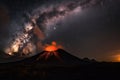 volcanic eruption against starry night sky, with view of the rest of the universe visible