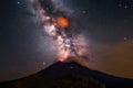 volcanic eruption against starry night sky, with view of the rest of the universe visible