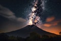 volcanic eruption against starry night sky, with view of the rest of the universe visible