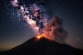 volcanic eruption against starry night sky, with view of the rest of the universe visible