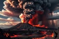 volcanic eruption captured in chiaroscuro effect, towering plume of ash and smoke dominates the fore