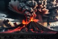 volcanic eruption captured in chiaroscuro effect, towering plume of ash and smoke dominates the fore