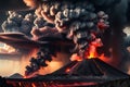 volcanic eruption captured in chiaroscuro effect, towering plume of ash and smoke dominates the fore