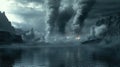 Volcanic eruption, dark clouds, mountain range, lake, smoke, fire, apocalyptic landscape Royalty Free Stock Photo