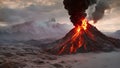 Volcanic eruption with fiery lava, smoke and ash.