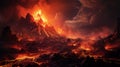 volcanic eruption, flames erupt from the rocks of the mountain.