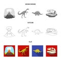 Volcanic eruption, gallimimus, stegosaurus,dinosaur skull. Dinosaur and prehistoric period set collection icons in flat Royalty Free Stock Photo