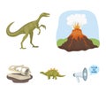 Volcanic eruption, gallimimus, stegosaurus,dinosaur skull. Dinosaur and prehistoric period set collection icons in Royalty Free Stock Photo