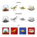 Volcanic eruption, gallimimus, stegosaurus,dinosaur skull. Dinosaur and prehistoric period set collection icons in Royalty Free Stock Photo