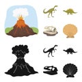 Volcanic eruption, gallimimus, stegosaurus,dinosaur skull. Dinosaur and prehistoric period set collection icons in Royalty Free Stock Photo