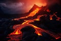 Volcanic eruption in Hawaii Volcanoes National Park, USA, lava flowing lava into a mountain, AI Generated Royalty Free Stock Photo