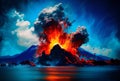 Volcanic eruption on the island, cartoon style illustration, acrylic painting. Blue sky and water, ocean. sea. Generative AI Royalty Free Stock Photo