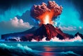 Volcanic eruption on the island, cartoon style illustration, acrylic painting. Blue sky and water, ocean. sea. Generative AI Royalty Free Stock Photo