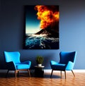 Volcanic eruption on the island, cartoon style illustration, acrylic painting. Blue sky and water, ocean. sea. Generative AI Royalty Free Stock Photo