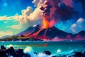 Volcanic eruption on the island, cartoon style illustration, acrylic painting. Blue sky and water, ocean. sea. Generative AI Royalty Free Stock Photo