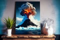 Volcanic eruption on the island, cartoon style illustration, acrylic painting. Blue sky and water, ocean. sea. Generative AI Royalty Free Stock Photo