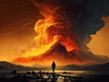 Volcanic eruption landscape on deadly beautiful sunset, thick smoke clouds and molten lava flows