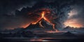 Volcanic eruption, lava and ash ejection into the sky, panorama, magma flows