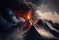 Volcanic eruption, lava explosion, smoke and ash. Generative AI