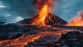 Volcanic eruption with lava flow under dark clouds